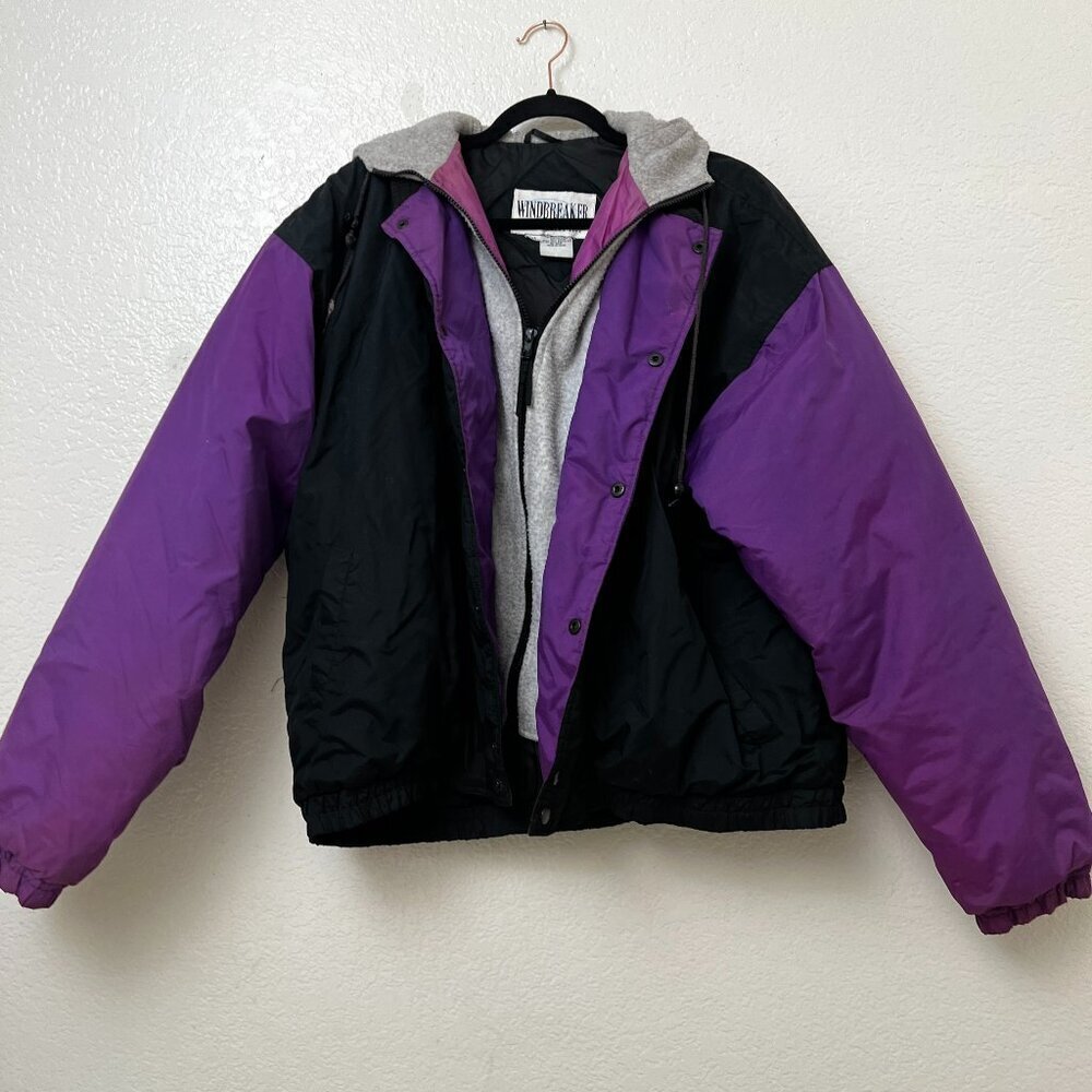 Vtg 80s Original Windbreaker Brand Colorblock Coat Jacket Parka Purple Black XL‎